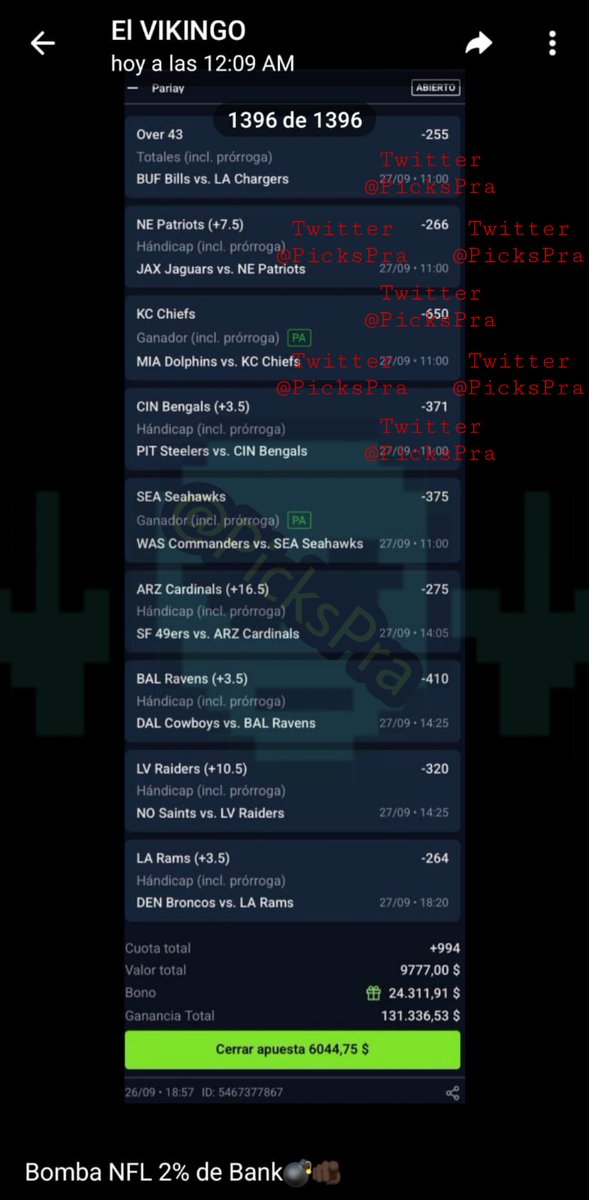 PicksPra's tweet photo. Bombita +994 💣💣💣 de Vikingo Negro para la NFL 🏈 

TODOS dejen sus likes ♥️♥️ para que les siga regalando 🎁 más picks de 🏈 https://t.co/iT5fLOD2U8