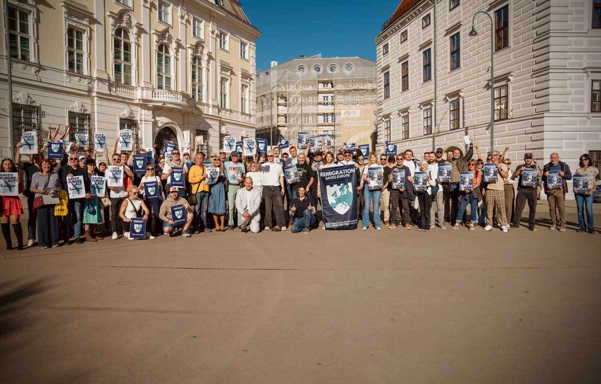 SaveEuropeAct's tweet photo. 🛡️Group shot from the Shield Tour in Vienna! 🇦🇹  

Big love to our amazing Austrian volunteers and supporters and to our National Organiser @JonaLionDE !  Thank you for making yesterday’s action such a success. We’re so happy and grateful to have you!

If you want to get active too and support the Save Europe Act, sign the petition, send it to three people you know, join EuroCom and get active in your local volunteers group!

Remigration must become reality if we want to save the ethnocultural continuity of our homelands!