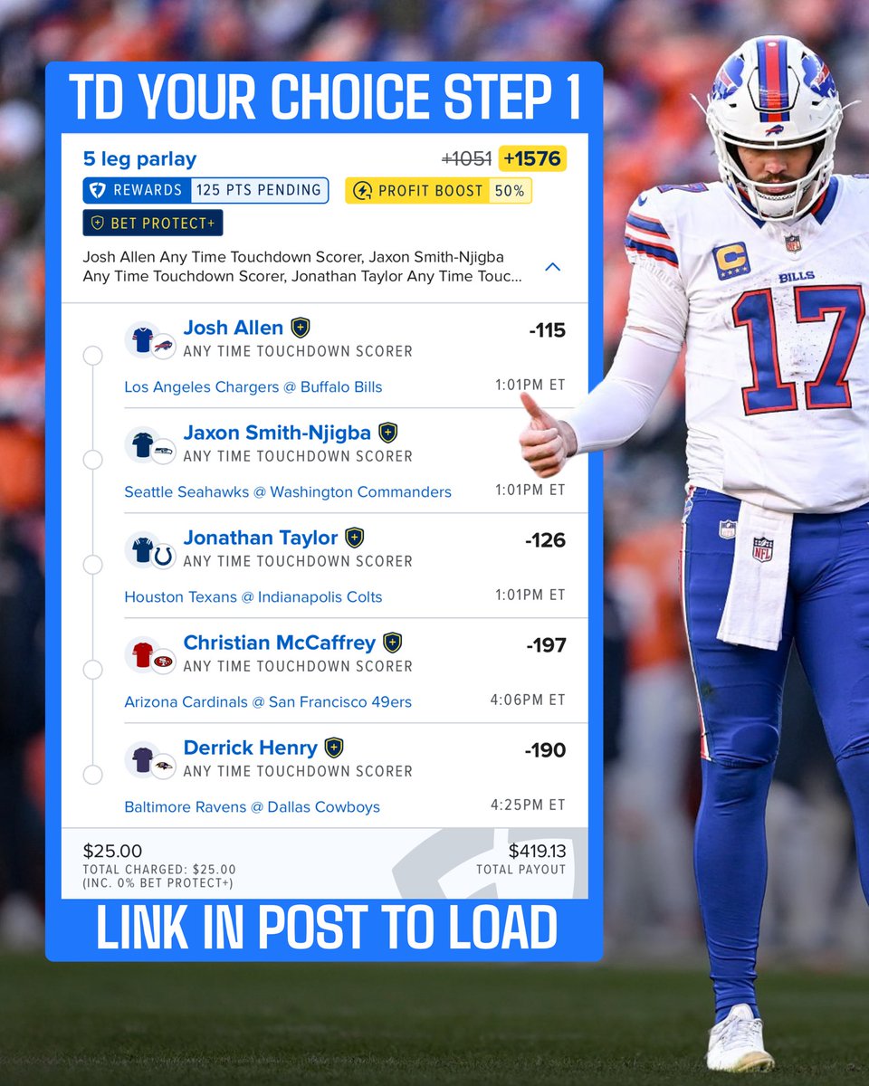 DanGambleAI's tweet photo. 🏈 ‘Your Choice’ TD Parlay

👉 Load step 1: https://t.co/qFGnvbvYnT

👉 Load step 2: https://t.co/nV9AWEyjbb

Tail your favorite or both! 🔥

21+, gamble responsibly. https://t.co/LgJBvWELNN