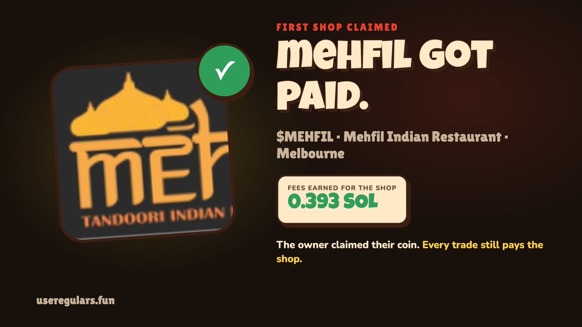 regularsfun's tweet photo. first shop claimed ✅

mehfil indian restaurant in melbourne. the owner has been robbed over 20 times in seven years.

now the internet is paying him instead. $MEHFIL has already earned the shop 0.393 SOL, the owner just claimed it, and every trade from here keeps paying them.

no sign-up. no crypto knowledge needed. just regulars showing up for their local.

is your local next? 👇
https://t.co/BEA9LPKYca
