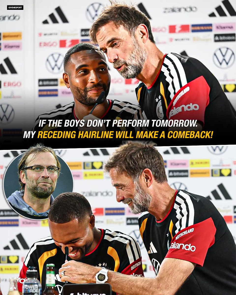 GiveMeSport's tweet photo. Jurgen Klopp interrupting the Germany press conference to warn his players 🤣🧑‍🦲 https://t.co/Dn7j1B2jIc
