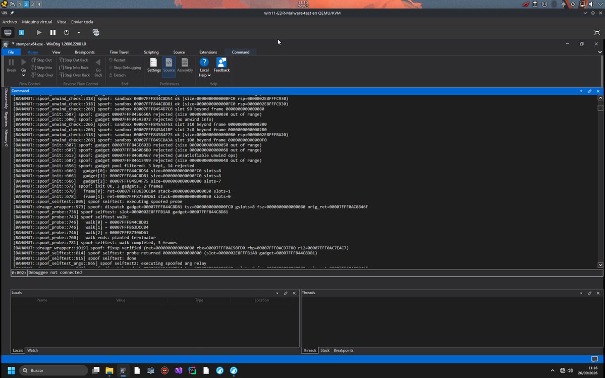 FallenAngelC2's tweet photo. I integrated LoudSunRun-style stack spoofing into Bahamut so direct API calls and indirect syscalls, which still execute from inside ntdll present a legitimate caller chain.
#RedTeam #windows #EDR #C2 #cybersecurity https://t.co/V9DdFihZ2k