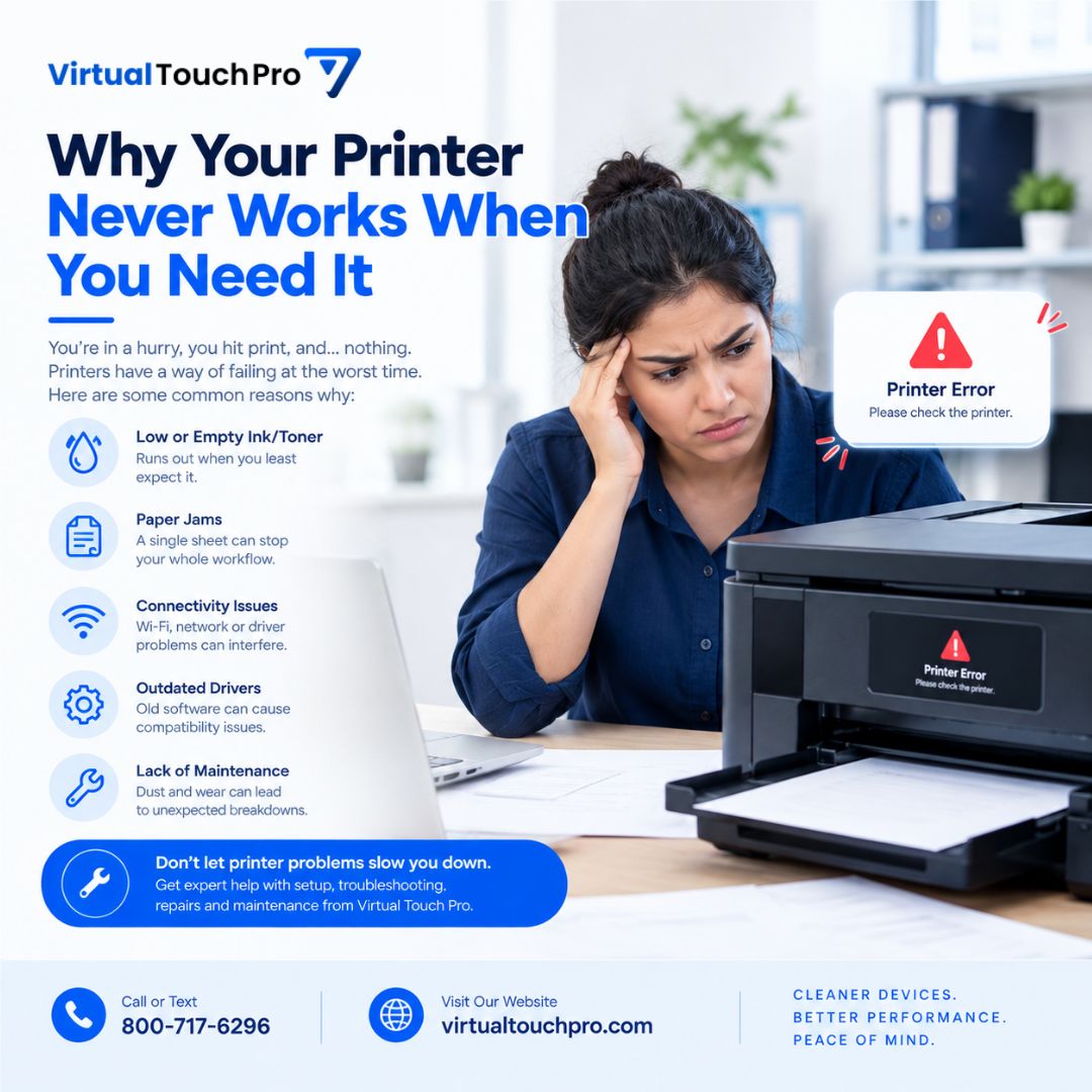 VirtualTouchPro's tweet photo. Why does your printer always fail when you need it most? 🖨️😩

Connection issues, paper jams, driver problems, incorrect settings, and hardware issues can all cause printing headaches.

Virtual Touch Pro can help troubleshoot printer setup, connectivity, and other tech problems. https://t.co/bOMXkM6aNC