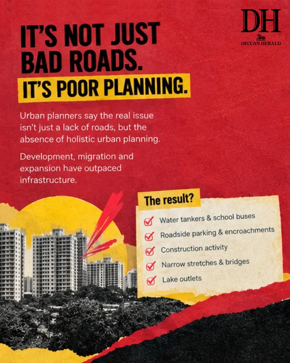 DeccanHerald's tweet photo. The Varthur-Gunjur corridor has apartments, schools, offices, tankers and heavy vehicles competing for roads that were never designed to handle this volume of traffic.

The result? An 8-km commute can take hours, while wrong-side driving, roadside parking, construction and narrow stretches make the gridlock even worse.

Urban planners say the bigger problem is urbanisation happening faster than infrastructure.

With thousands of vehicles entering some stretches around the same time during school and office peaks, experts say road widening alone may not be enough.

https://t.co/bF7cEaYYjE

#bengaluru  #BengaluruTraffic  #traffic  #UrbanPlanning  #karnataka  #DHPremium