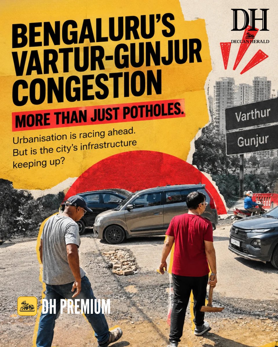DeccanHerald's tweet photo. The Varthur-Gunjur corridor has apartments, schools, offices, tankers and heavy vehicles competing for roads that were never designed to handle this volume of traffic.

The result? An 8-km commute can take hours, while wrong-side driving, roadside parking, construction and narrow stretches make the gridlock even worse.

Urban planners say the bigger problem is urbanisation happening faster than infrastructure.

With thousands of vehicles entering some stretches around the same time during school and office peaks, experts say road widening alone may not be enough.

https://t.co/bF7cEaYYjE

#bengaluru  #BengaluruTraffic  #traffic  #UrbanPlanning  #karnataka  #DHPremium