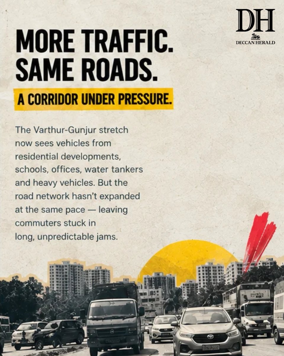 DeccanHerald's tweet photo. The Varthur-Gunjur corridor has apartments, schools, offices, tankers and heavy vehicles competing for roads that were never designed to handle this volume of traffic.

The result? An 8-km commute can take hours, while wrong-side driving, roadside parking, construction and narrow stretches make the gridlock even worse.

Urban planners say the bigger problem is urbanisation happening faster than infrastructure.

With thousands of vehicles entering some stretches around the same time during school and office peaks, experts say road widening alone may not be enough.

https://t.co/bF7cEaYYjE

#bengaluru  #BengaluruTraffic  #traffic  #UrbanPlanning  #karnataka  #DHPremium
