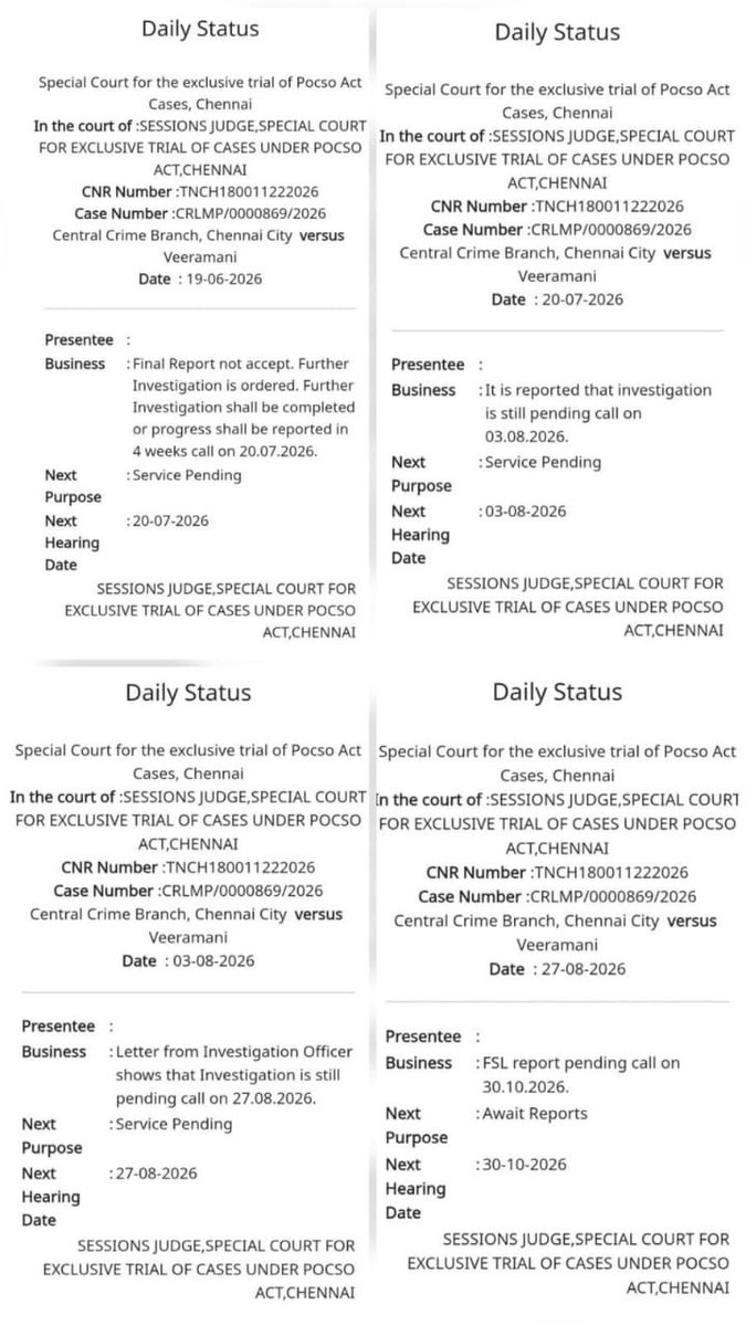 PWilsonDMK's tweet photo. Hon' ble @CMOTamilnadu Vijay,
Please speak up and clarify. Now, let us set the record straight on the Gem Granite Veeramani POCSO case.
You became CM in May 2026. 
Though the final report is dated 19.2.2026, the court received it on 20.2.2026 with receipt number 411; however, the POCSO court did not take it on file for verification and cognisance until 19.6.2026. 
My question is: did your Chief Secretary, Home Secretary, DGP, State Intelligence, and COP Chennai discuss this case with you after you assumed charge as CM? 
 On 19.6.2026, or before then, why did you(your government) not attempt (silence can also be taken as consent) to persuade the court to return the police report and seek an order for further investigation? 
Did your government decide to persuade the POCSO judge to accept the 19.2.2026 police report?  
However, the fact remains that on 19.6.2026, the POCSO court did not heed your government's persuasion to accept that report. 
Now, when the POCSO court directed further investigation, Veeramani (A 1) was not arrested immediately.
Furthermore, your government took time, and the case was adjourned from 19-06-2026 to 20-07-2026, 03-08-2026, 27-08-2026, and finally to 30-10-2026 to file reports.
Veeramani (A 1) was arrested only on  28.8.2026! 
Why the three- month delay in arresting A 1 or taking action against him?
Why did you take three months to form the Special Investigation Team (SIT) to investigate the case effectively on 24.9.2026, when the court ordered further investigation on 19.6.2026 itself?
Why all the drama and spectacle in public? 
No politics of diversion for offences of such serious nature, CM sir. 
Let's ensure the victims receive justice, and their identities are protected!
CM sir…. Scratch your back first! Not your predecessor!
@mkstalin @Udhaystalin @arivalayam @DMKITwing @dmk_youthwing