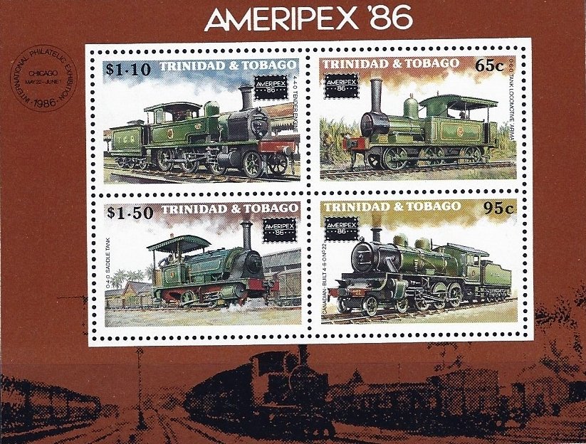 _Goblin's tweet photo. New additions: Sheet issued by Trinidad & Tobago on May 26, 1986 to commemorate the "AMERIPEX '86" International Stamp Exhibition held in Chicago, Illinois. #stamps #philately #stampcollecting #railway #trains https://t.co/wYtVgzUTib