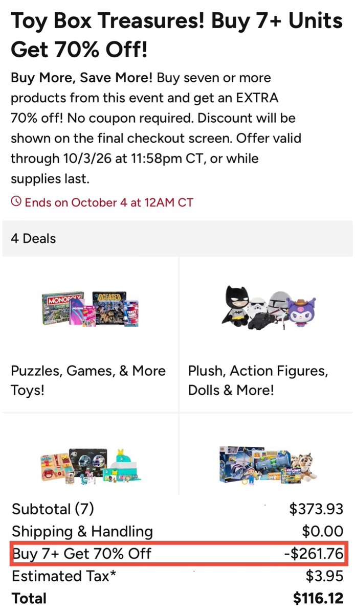 glitchaddicts's tweet photo. 70% OFF TOYS @ WOOT

Must add any 7 toys in cart and auto discount applies

All these toys will move easily in late Q4

Recommend to grab plush and action figures

https://t.co/jnLm8OY3hU #ad https://t.co/ncQnZ9iQYh