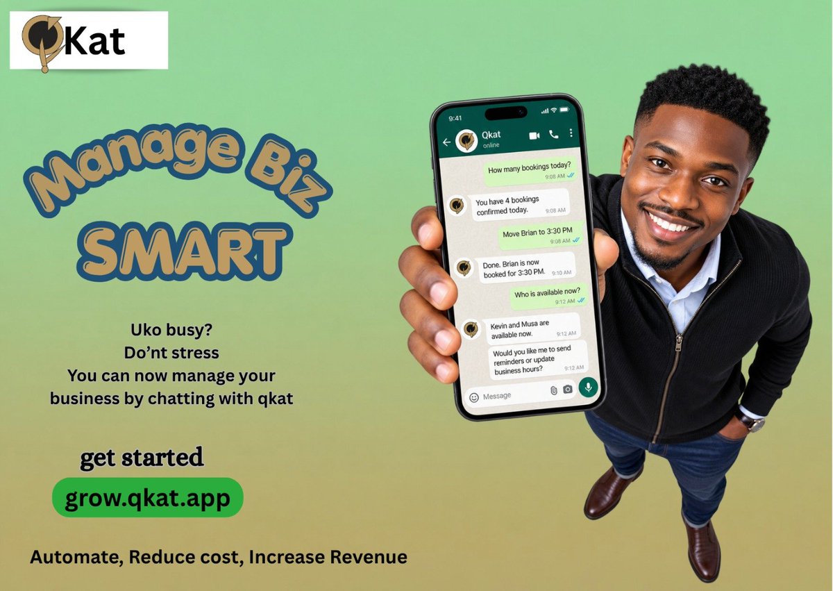BritaCore's tweet photo. Qkat 2.0 🚀
Manage your business directly from WhatsApp.
Check bookings. Reschedule clients. See staff availability. Update business info. Send reminders.
By chatting with Qkat Smart Assistant
Manage Biz SMART.
 https://t.co/D6FA8SQmzO
#Qkat #BusinessAutomation #WhatsAppBusiness https://t.co/5jhpbfPRGL
