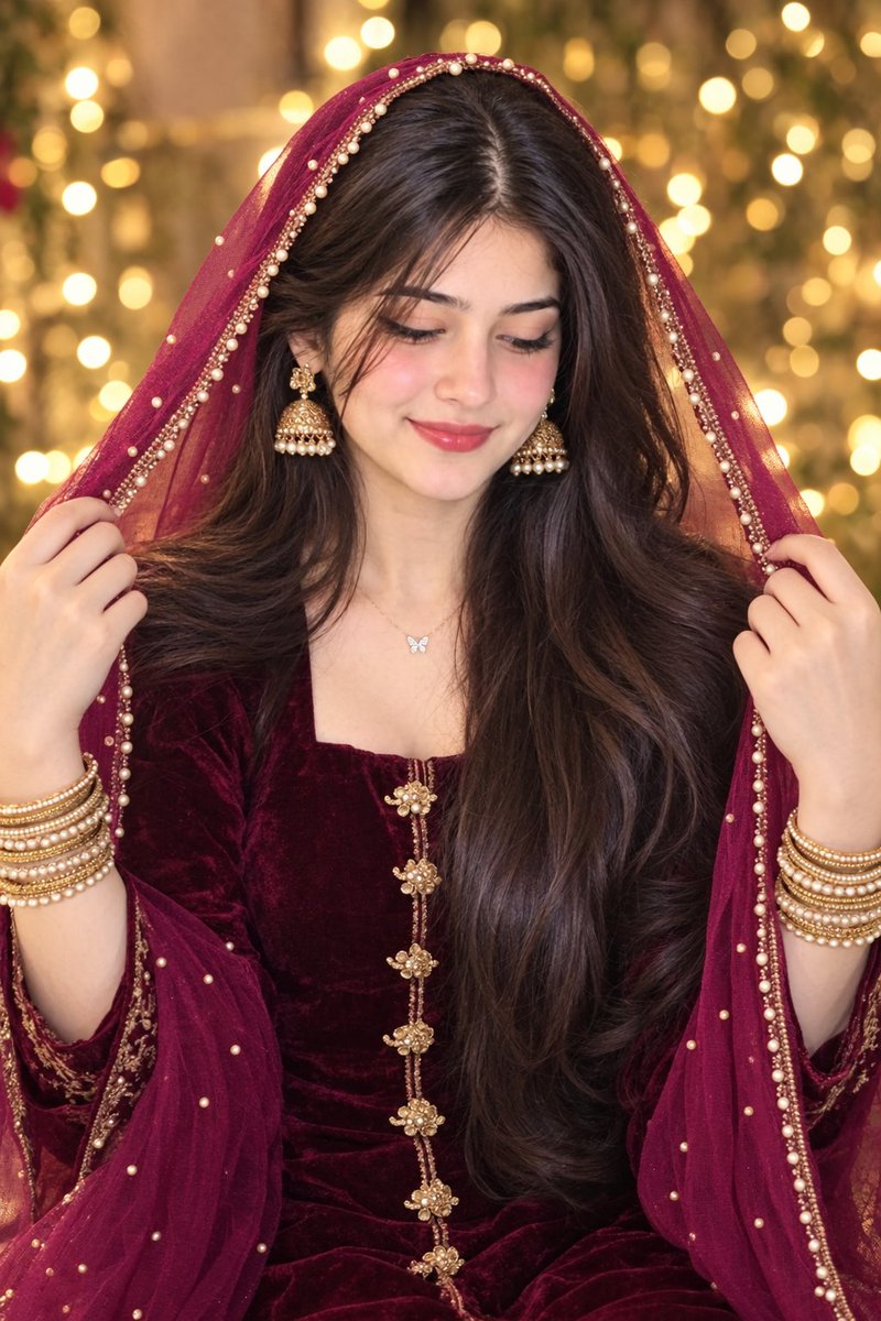 Kiran_AI1's tweet photo. ① Open GPT Image 2/ Nano Banana pro/ Gemeni / Grok 
② Add your image
③ Paste the prompt
④ Create the result

Prompt:

A highly detailed, photorealistic portrait of a beautiful South Asian woman with long, voluminous wavy brown hair. She is looking downward with a gentle, serene smile. With both hands, she is elegantly lifting a sheer, deep magenta dupatta (veil) over her head. The veil features delicate pearl embellishments along its border and scattered across the fabric. She is wearing a rich, dark burgundy velvet kurta decorated with ornate gold floral button closures down the center front. Her traditional jewelry includes large gold jhumka earrings and multiple stacked gold and pearl bangles on both wrists. She has soft, flawless glamour makeup with subtle eyeliner and peachy-pink lips. The background is a dreamy, soft-focus warm bokeh created by glowing festive fairy lights. Cinematic lighting, romantic atmosphere, hyper-realistic, 8k resolution, masterpiece. keep original face and hairstyle 100% reference