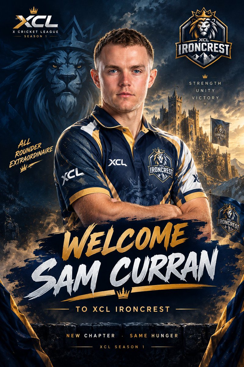 XCRICKLEA6's tweet photo. XCL Ironcrest 🦁

👑 Welcome, Sam Curran!

A new chapter begins in Ironcrest colours. ⚔️
#XCL #Season1 https://t.co/DUBxgJfyVu