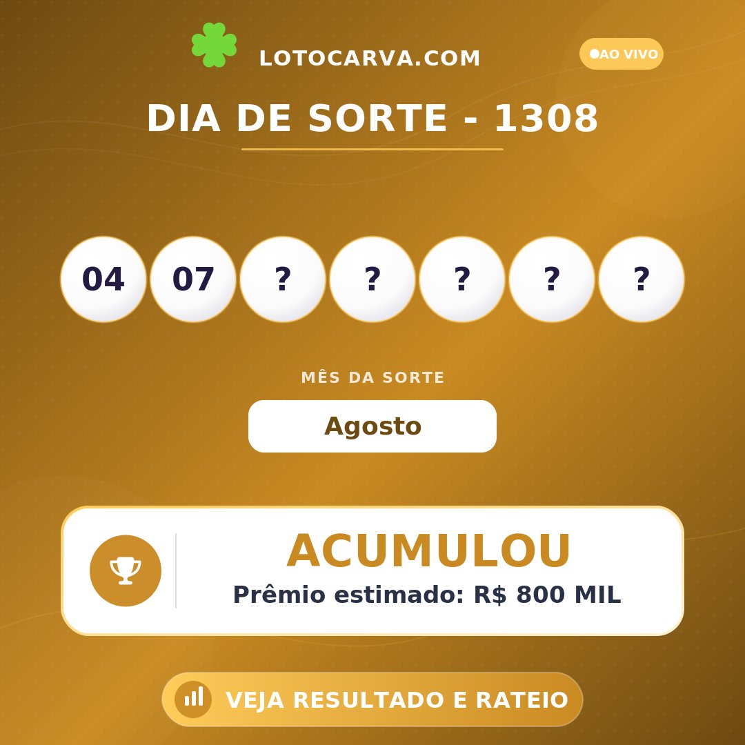 lotocarva's tweet photo. O Dia de Sorte, concurso 1308, já teve sua apuração. A faixa principal de 7 acertos não registrou ganhadores. O próximo prêmio estimado pela Loteria é de R$ 800 MIL. Consulte o resultado completo no Lotocarva. #DiaDeSorte #MesDaSorte https://t.co/ZG8Zmw5pOt