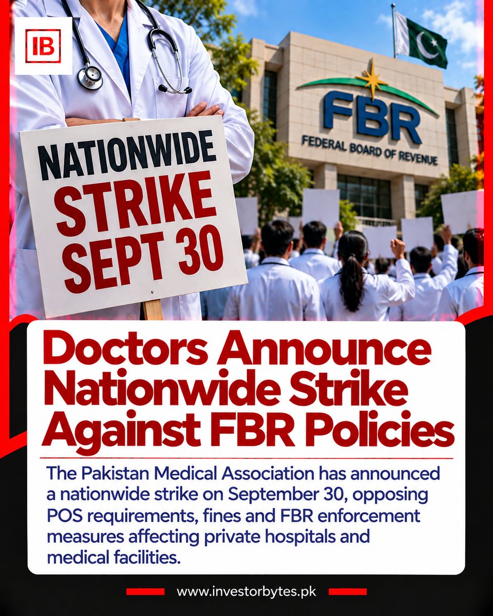 investorBytesPK's tweet photo. The Pakistan Medical Association has announced a nationwide strike for September 30 over POS requirements, fines and FBR enforcement measures affecting private hospitals and medical facilities.
#FBR #PMA #DoctorsStrike #PakistanDoctors https://t.co/UACCzhKonA