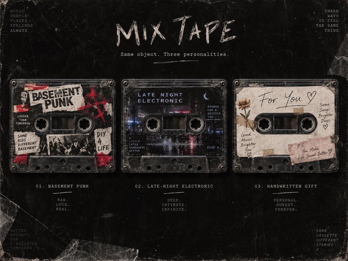MixtapeOS's tweet photo. THE COVER IS PART OF THE CONFESSION.
The color.
The title you almost didn’t write.
The little detail only one person will understand.
We’re building the cassette designer for all of it.
Make it look like something only you would have made. #mixtape #os https://t.co/PeeAe8sqV7