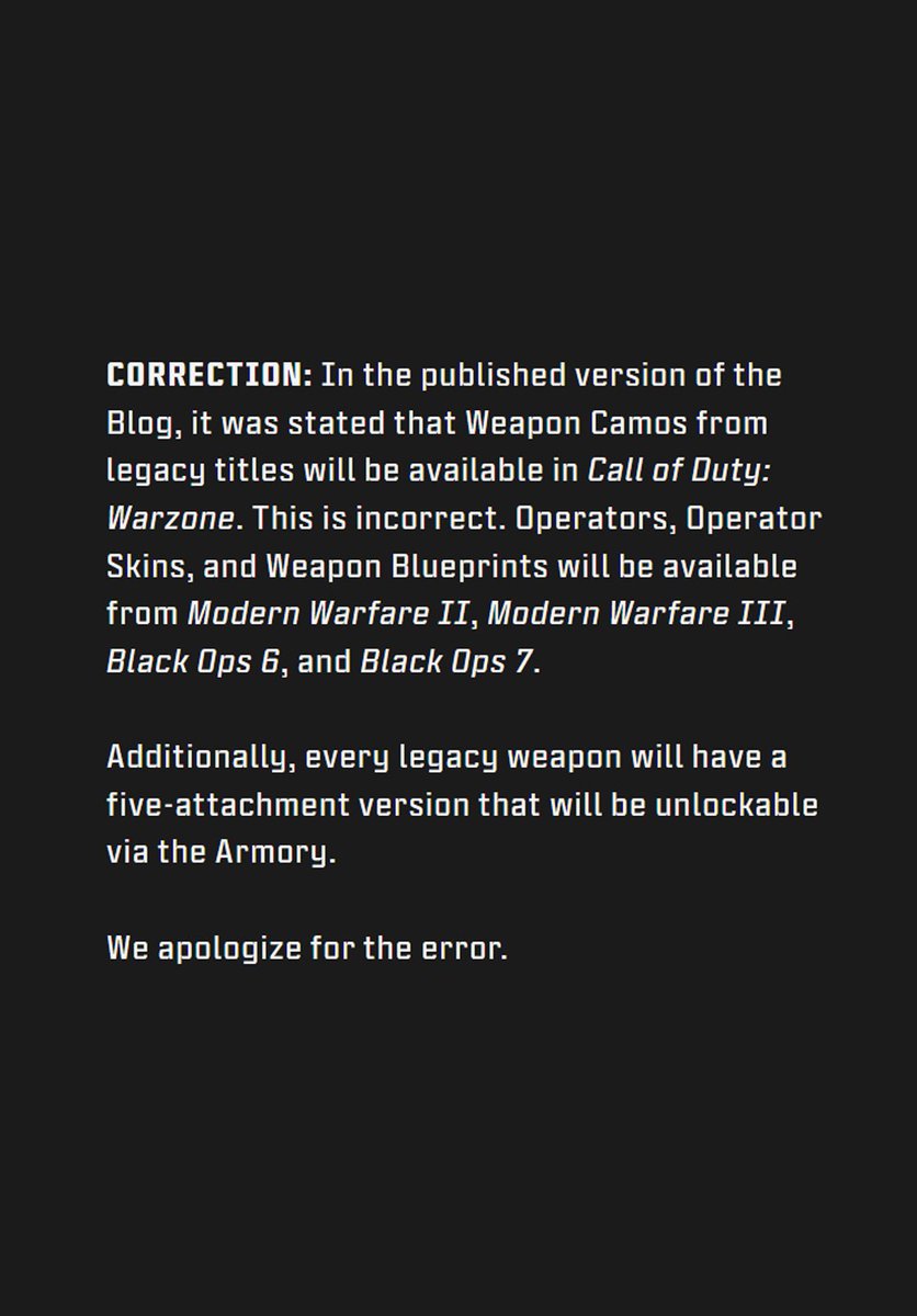 DETONATEDcom's tweet photo. ‘Legacy Weapon Camos’ will NOT transfer with Modern Warfare 4 Warzone Season 1:

💥 The COD Blog had an ‘error’ that was updated after being published — including an apology. https://t.co/Z5uKbg4Etd