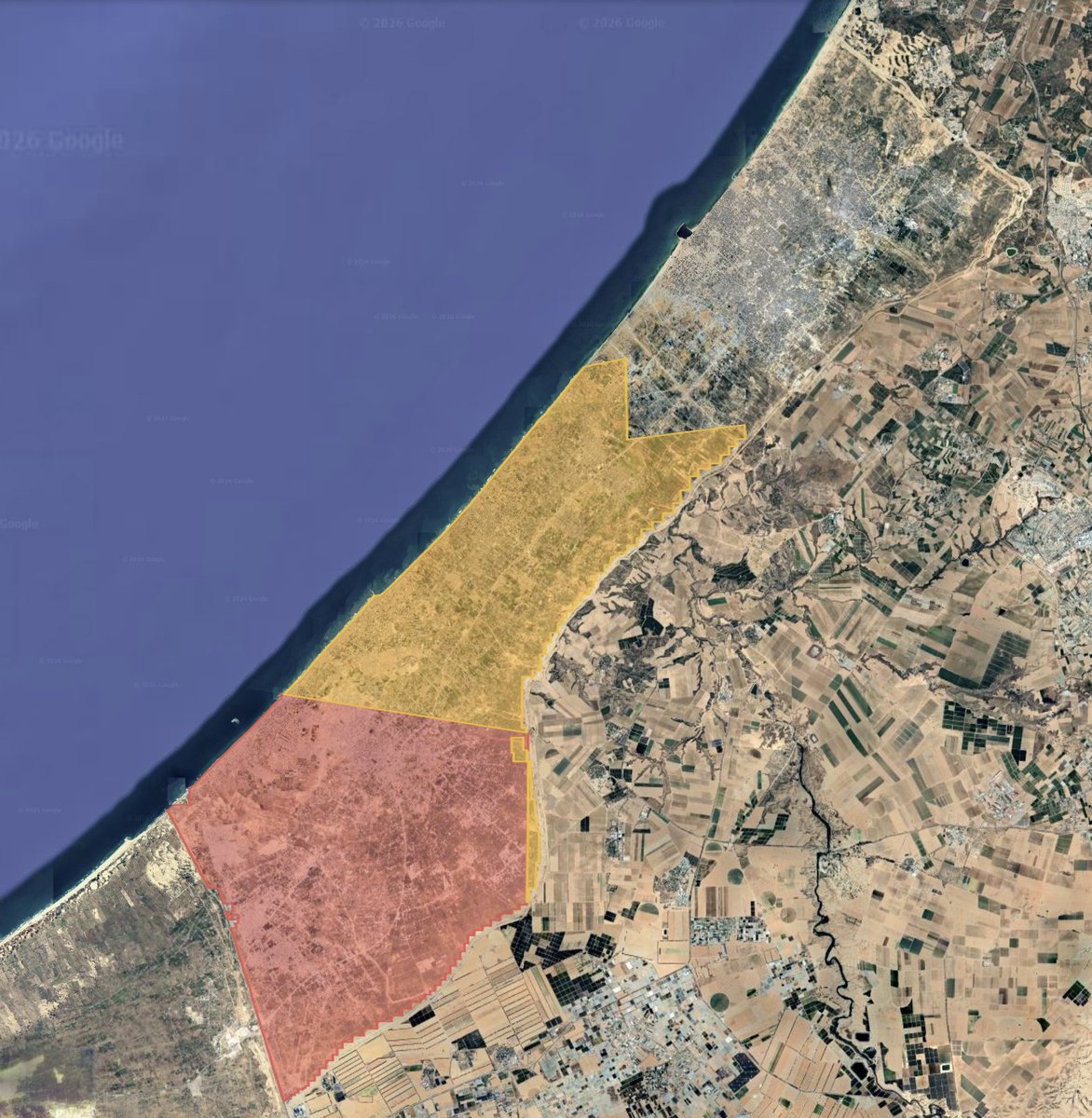 Nrg8000's tweet photo. Google has now added extensive high-resolution satellite imagery from early 2026 across most of southern Gaza. 
A total of 235km² from Jan (99 km²) and Feb (137 km²). 
Again, another example of the apocalyptic destruction, devastation and displacement brought by Israel to Gaza. https://t.co/O61Hsuse9I