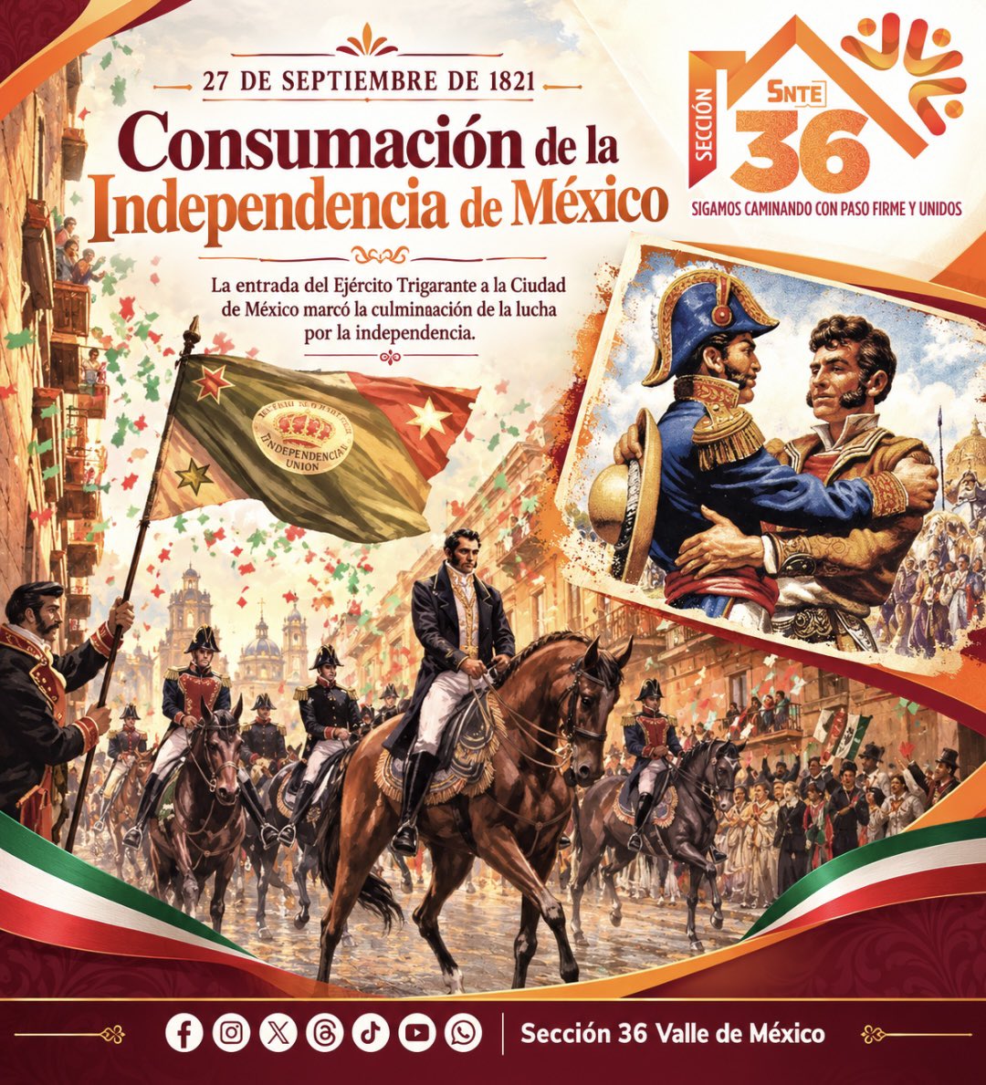 Seccion36Ofic's tweet photo. 🟠 La Consumación de la Independencia de México, el 27 de septiembre de 1821, tuvo como antecedente fundamental el Abrazo de Acatempan, ocurrido en febrero de ese mismo año, en el actual municipio de Teloloapan, Guerrero, entre Vicente Guerrero y Agustín de Iturbide. https://t.co/F5BvrC8bTC