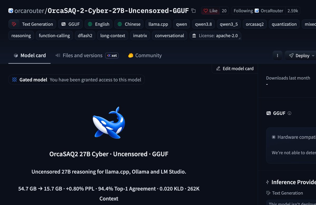 Zephyruswins's tweet photo. New Uncensored 27B cyber model that actually fits on for Red teamer locally.  - OrcaSAQ-2 Cyber 27B Uncensored GGUF  - Zero refusal for payloads generation - Made for defensive red teaming, vulnerability research, security coding,  - and authorized testing without sending source https://t.co/8yDKiKf2hZ