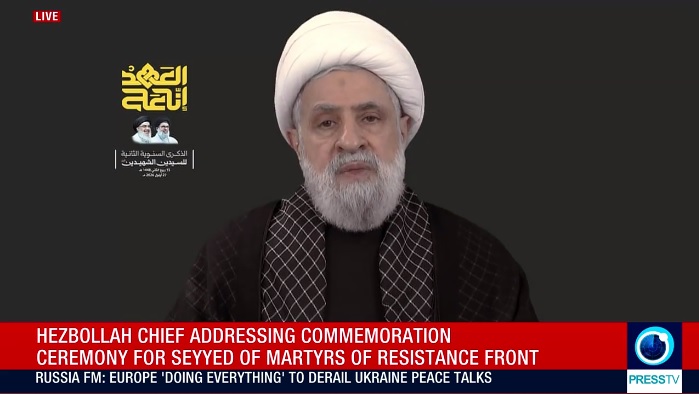 PTVBreaking1's tweet photo. 🔴 Hezbollah Leader Sheikh Naim Qassem delivering speech on 2nd anniversary of Nasrallah's martyrdom

🔺We will continue on the path of resistance led by Seyyed Nasrallah

🔺Resistance proved that Zionists are incapable of occupying southern Lebanon https://t.co/SKzuob5fmq