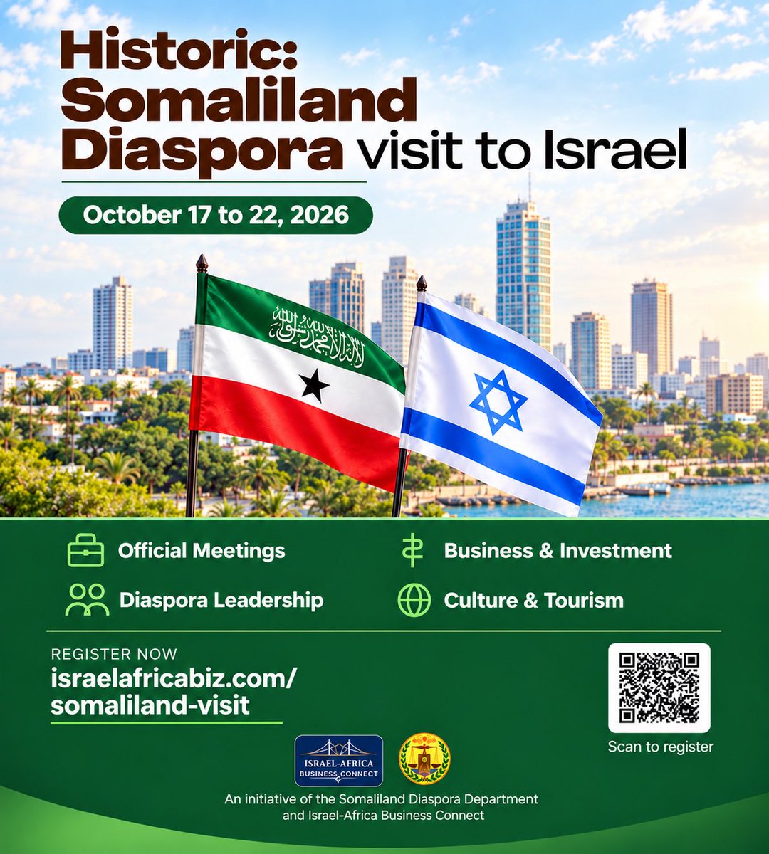 PresidentSom10's tweet photo. Historic: Somaliland Diaspora Visit to Israel.

Somaliland Diaspora leaders, professionals, entrepreneurs and community representatives will take part in a six-day visit to Israel.

🔗 Register: https://t.co/A2ua7ja4Up https://t.co/u04hAEQNks