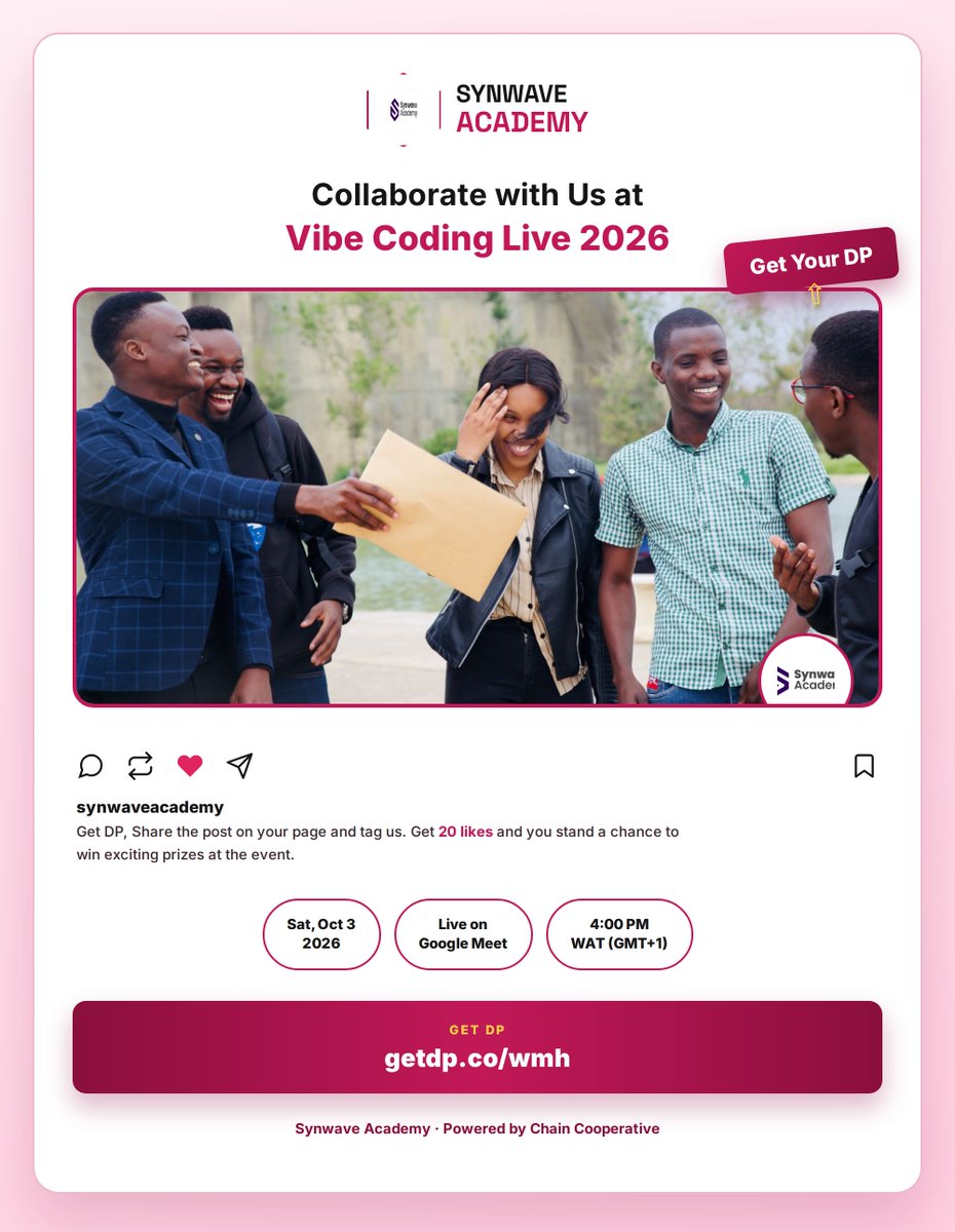SynwaveAcademy's tweet photo. 🎁 GIVEAWAY: Win a @Candleweb_AI  token worth ₦100,000 TO VIBE CODE YOUR OWN app

How to enter:
1️⃣ Get your Vibe Coding Live DP: https://t.co/HuHkiLBq2q
2️⃣ Share it on your page
3️⃣ Tag @SynwaveAcademy and @ChainCoop in your post
4️⃣ Tag 2 friends in the comments https://t.co/Qdlnlz5HUY