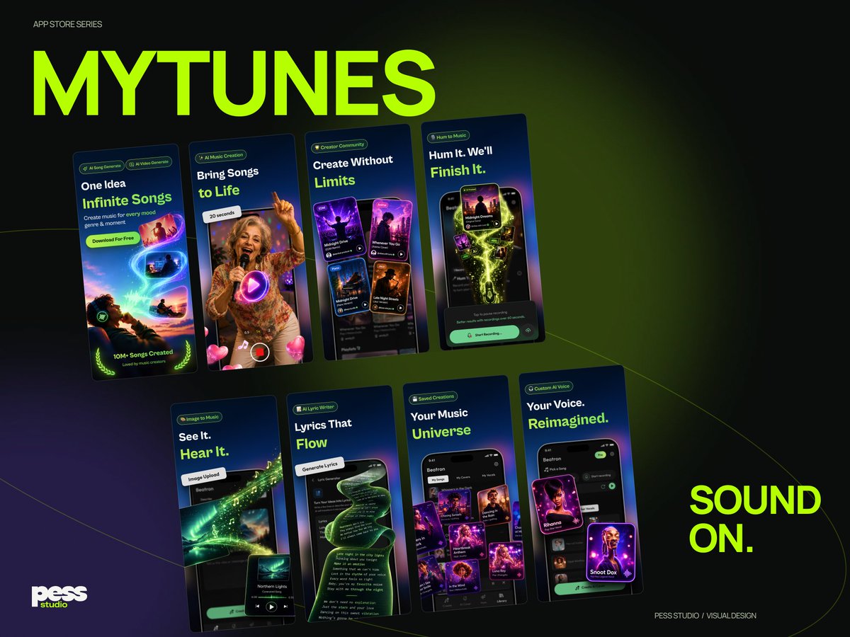 Umutp__'s tweet photo. Sharing selected work from the past four years.

First up: App Store screenshots I designed for MyTunes — a visual story for the store listing, with expressive artwork, bold headlines, and lime accents.

#AppStoreDesign #ScreenshotDesign https://t.co/qlRQSrwuxb