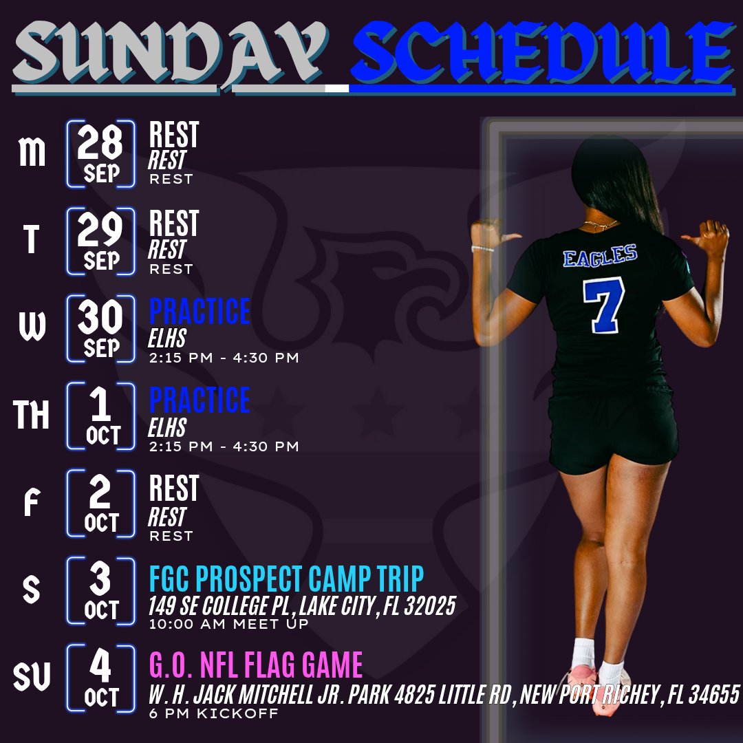 EastLakeFlagFB's tweet photo. #SundaySchedule
#ncaa #naia #njcaa #olympics   #espnw #FHS7V7Flag   #NFLFlag    #UnderArmour  #UnderTheLights #WCCFL #NCCFL
#BTB #GirlsFlagFootball #FemalesInFlag #GirlsPlayFootball #RepTheFlag #HighSchoolFlagFootball #Sports
#NoFlyZone #StandardsOverFeelings #DAWGs #EEAT #Nerds. https://t.co/dwUIS6vPMH