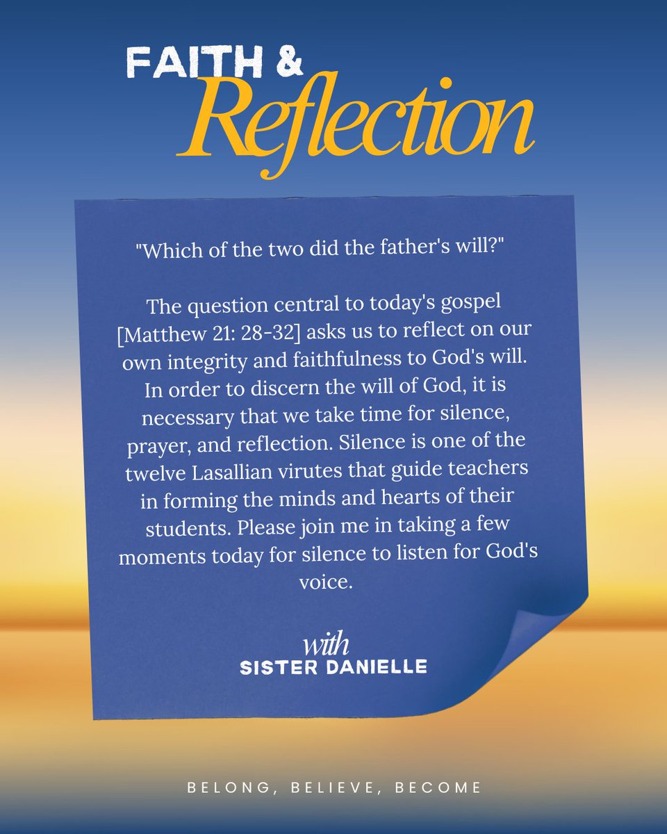 WCPrep's tweet photo. Today’s Gospel invites us to reflect on our faithfulness to God’s will. As one of the twelve Lasallian virtues, Silence reminds us to pause, pray, and listen for God’s voice.

Take a few moments today for silence, reflection, and prayer. Happy Sunday! https://t.co/pDgSkzK7fH