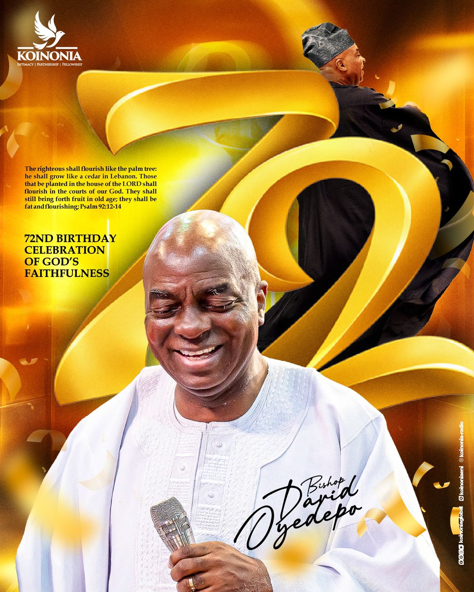 koinoniaeni's tweet photo. A LIFE THAT KEEPS FLOURISHING, A LEGACY THAT KEEPS SPEAKING.

Today, Apostle Joshua Selman and The Koinonia Global family celebrates a father, mentor, and gift to generations; Bishop David Oyedepo.

Your life is a testimony of what becomes possible when a man is wholly yielded to God. Through decades of unwavering faith, sacrifice, and obedience, you have inspired generations to believe God boldly, honour His Word, and pursue His purposes with conviction.

“ The righteous shall flourish like the palm tree: he shall grow like a cedar in Lebanon. Those that be planted in the house of the LORD shall flourish in the courts of our God. They shall still bring forth fruit in old age; they shall be fat and flourishing.”
Psalm 92:12–14

This Scripture beautifully captures the testimony we celebrate today: a life planted in God, flourishing through the years, still bearing fruit, and continuing to impact generations.

We honour the grace upon your life, the faithfulness behind the assignment, and the generations awakened through your obedience.

Our prayer is that the Lord will continually renew your strength, increase the oil upon your life, and bring you into greater dimensions of His wisdom, presence, and purpose.

Happy Birthday, Bishop David Oyedepo.

We honour you. We celebrate you. We thank God for you.

With profound love, gratitude, and honour,
THE KOINONIA GLOBAL FAMILY

#HappyBirthdayBishopOyedepo 
#KoinoniaGlobal 
#BishopDavidOyedepo