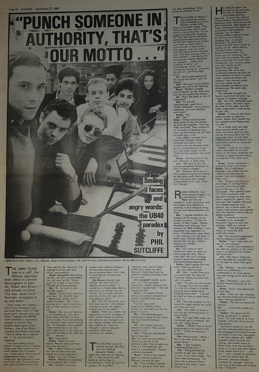 SoundsClips's tweet photo. An interview with UB40 by Phil Sutcliffe and Pic my Mike Laye in Sounds 27th, September 1980.
@UB40OFFICIAL 
@UB40 https://t.co/vy1ewCM11k