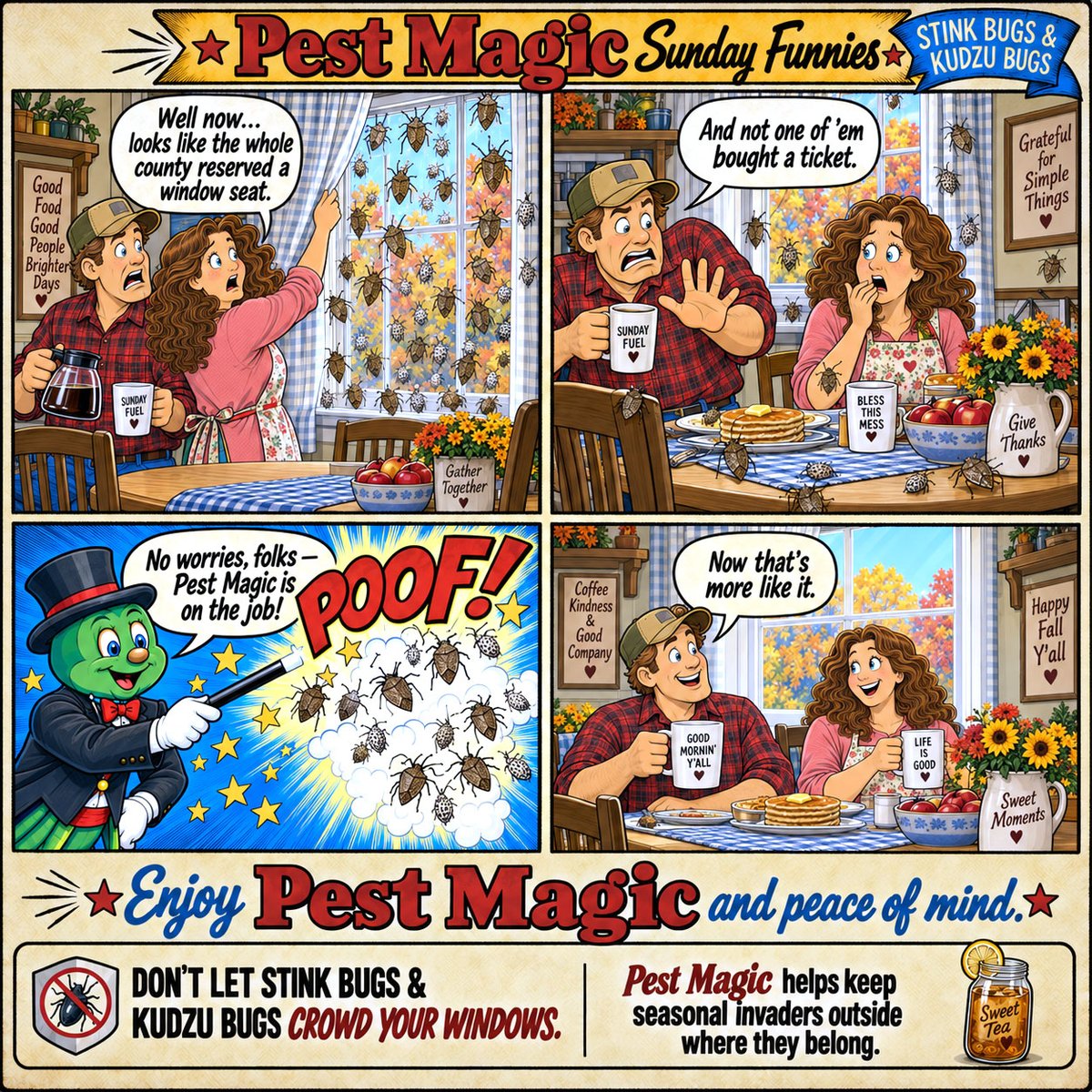 PestMagicGA's tweet photo. Cooler days are nice.
Seasonal invaders on the windows? Not so much.
Pest Magic helps keep stink bugs and kudzu bugs outside where they belong. ✨ #MaconGA #ForsythGA #WarnerRobinsGA #GriffinGA #ZebulonGA #McDonoughGA https://t.co/Y6puBloQqE
