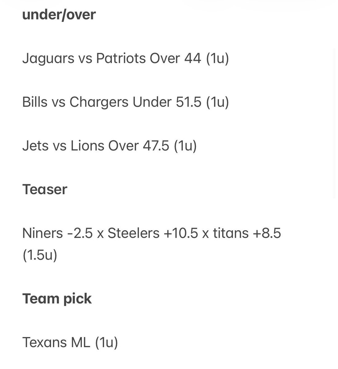 WittyWagers_'s tweet photo. NFL WEEK 3 SUNDAY SLATE

How lucky are we!! Feeling very confident about this slate. Week 3 is where you make your money!! Got some fun picks and got some boring ones. LOVE the kelce 1st. Can’t teach that value!! LETS GOOOO!!

#nfl #nflbetting #wager #model https://t.co/pl4pu9YTLS