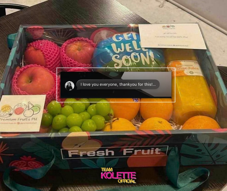 TeamKoletteOfc's tweet photo. Hello, Moonlettes!

A little something to remind Kolette that she is deeply loved and cared for.

From @MommyRose2011 and from all of us, we sent her some fresh fruits to help her as she rests and recovers. It’s a simple gesture, but it comes with so much love and warm wishes for her speedy recovery.

And to all our Moonlettes, Kolette already knows about all your get-well wishes, prayers, messages, and kind words for her. She sends her love and heartfelt thanks to everyone who continues to show her so much care and concern. She truly feels all the love you continue to give her.

For now, let’s keep sending her love and allow her to rest.

#KoletteMadelo
#AllForKolette
