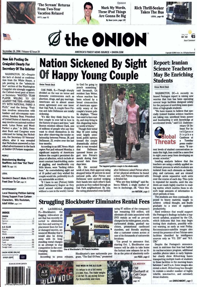 Onion20yrslater's tweet photo. 20 years ago, The Onion was sickened by a happy young couple.
Plus, jokes about U.S.-Iran tensions, John Bolton, Craigslist, a young couple in love, “The Scream,” “Gilmore Girls,” sexism in business and much more. https://t.co/WdOHg66gDy #theonion #satire https://t.co/hekvfg57d4
