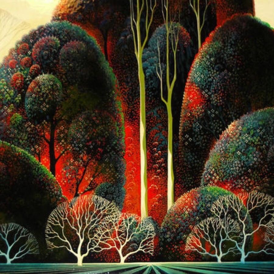 helen_warlow's tweet photo. Finally today 
Eyvind Earle (1916-2000) 
American artist author and illustrator best known for his background paintings for Disney 1959 animated Sleeping Beauty 
Here is his own work. 
Fabulous colours . 
Thanks my new X Twitterarty 
@helen_warlow 
Helen🍁🙂🍂
Max🐶🤦‍♀️🍁 https://t.co/CIF0hQjSuU