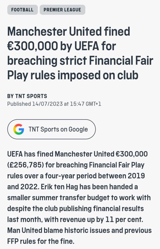 Lea_EFC's tweet photo. On July 14, 2023, UEFA fined Manchester United €300,000 (around £257,000) for breaking Financial Fair Play (FFP) rules.

“People who live in glass houses shouldn't throw stones" https://t.co/XlBSrJaiMQ