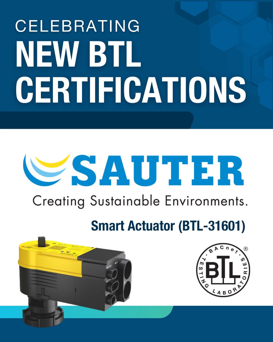 BACnetIntl's tweet photo. Congratulations to our Gold Member Sauter on the BTL Certification of their Smart Actuator (BTL-31601), which has successfully completed testing under the BACnet Application Specific Controller (B-ASC) device profile.  

View product listings: https://t.co/De3TDgyAYV https://t.co/jH3nHf1K5B