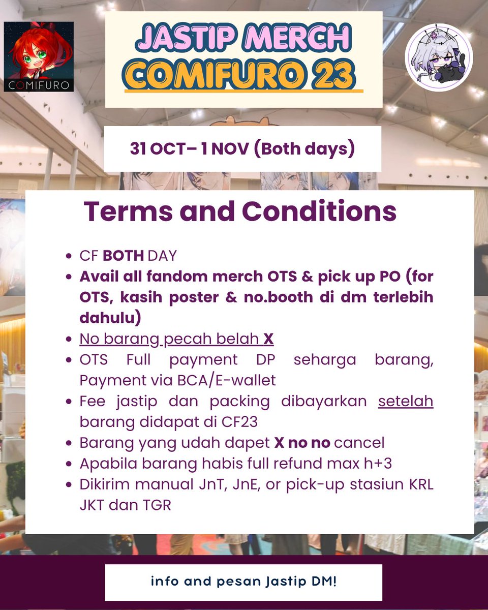 Tisceskyhere's tweet photo. hello!!!

utk yang mau cek term condition jastip cf23 besok, bisa cek pic ini yaaa

any question feel free to dm cesky ! 🌻🌻

#jastipcf23 #jastipmerch https://t.co/aeWDcHyLRJ