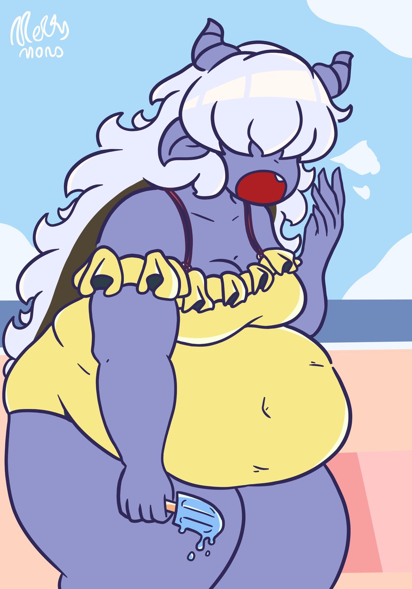 meltymono's tweet photo. an oni's first time at the beach https://t.co/Feneb5E15J