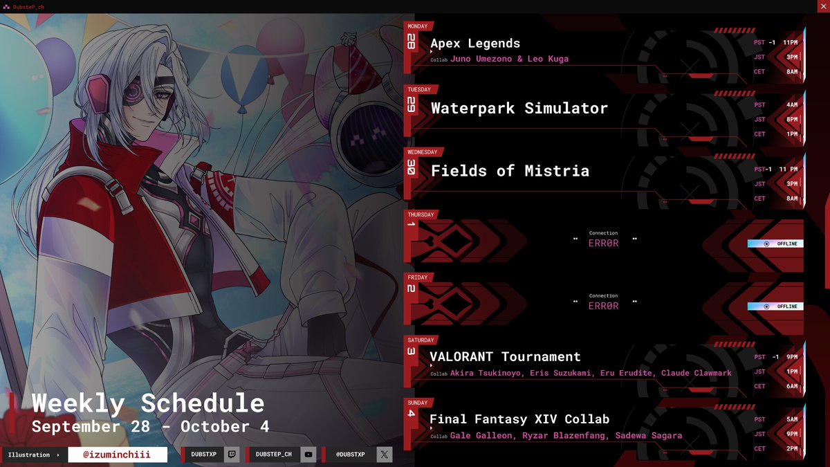 DubstxP's tweet photo. Schedule for the end of September! 🎯

General: #DubstePGG
Live: #LIVEsteP
Art: #DubVinci
Clips: #DubstePOV
Memes: #MEMEsteP
Cosplay: #Dubplays
Persona: #Tokitosona
Assets: #ForDubby
Thumbnails: #ThumbsteP https://t.co/xJqIemYeZM
