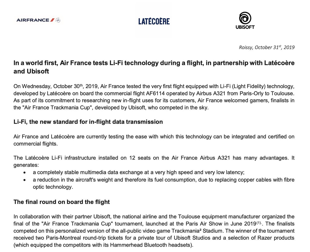 CorinneNokel's tweet photo. In a world first, Air France tests Li-Fi technology during a flight, in partnership with Latécoère
and Ubisoft

2019 

#LiFi #LightFidelity #AirFrance

https://t.co/7B79FvDsqa https://t.co/C97I7nDyJC