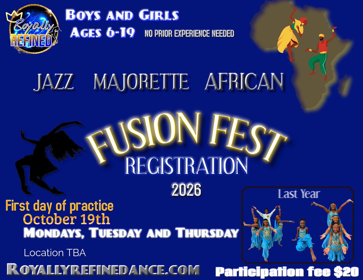 RRDance24's tweet photo. FUSION FEST 2026 IS COMING!

Registration opens October 9th!
Boys and girls ages 6–19 are welcome, and no prior experience is needed.

Get ready for Jazz, Majorette &amp; African dance in a fun learning environment.

First day of practice: October 19th
Participation Fee: $20 https://t.co/4TMDlIv0Fk