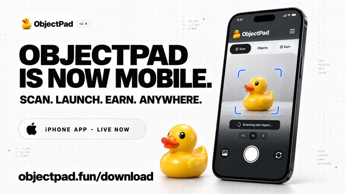 ObjectPadFun's tweet photo. GMGM! $ObjectPad is now mobile for everyone.

iPhone users can install the full web app directly to their home screen today—then scan real objects, launch coins FREE and earn fees directly from their phone.

No more QR complications. No waiting for the App Store review (We'll be on app store soon!)

The dev team is clocked in. Mobile is live now, and we’re shipping additions and bug fixes all day.

https://t.co/yqZLkrYyFZ
0x520541d03dec790ce51746da2a495dafa62e87f8