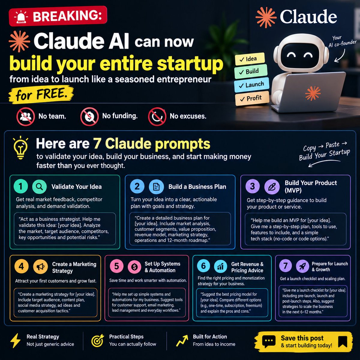 RionHosency71's tweet photo. Want to build a business with AI?
Claude can help you go from IDEA → VALIDATION → MVP → MARKETING → LAUNCH without needing a huge team or budget.
Here are 7 powerful Claude prompts to help turn your idea into an actual business. https://t.co/CLQLY2xxLq