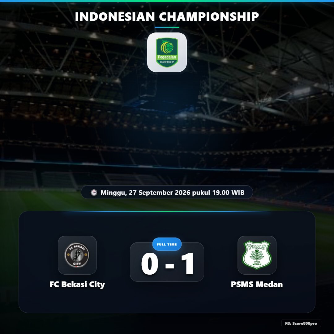 Tigoals's tweet photo. π’ FULL TIME
β½ FC Bekasi City 0 - 1 PSMS Medan
π Indonesian Championship
π Minggu, 27 September 2026 pukul 19.00 WIB
Follow:
Facebook: Score808pro
#score808pro
#fulltime
#livescore
#hasilpertandingan
#tigoals https://t.co/MXVts6wusC