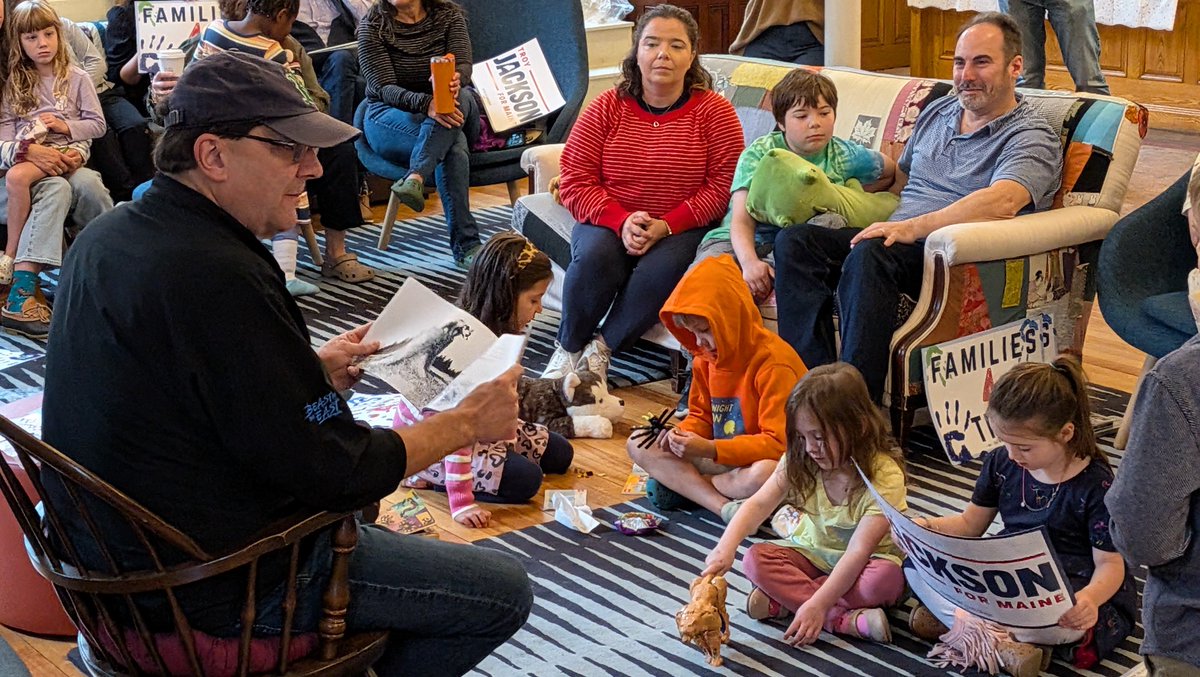 PHirschkorn's tweet photo. Happening Now. Maine Democratic US Senate candidate @TroyJackson207 reads Blueberries For Sal at Families for Troy event in Portland. https://t.co/W2P46aMtqn