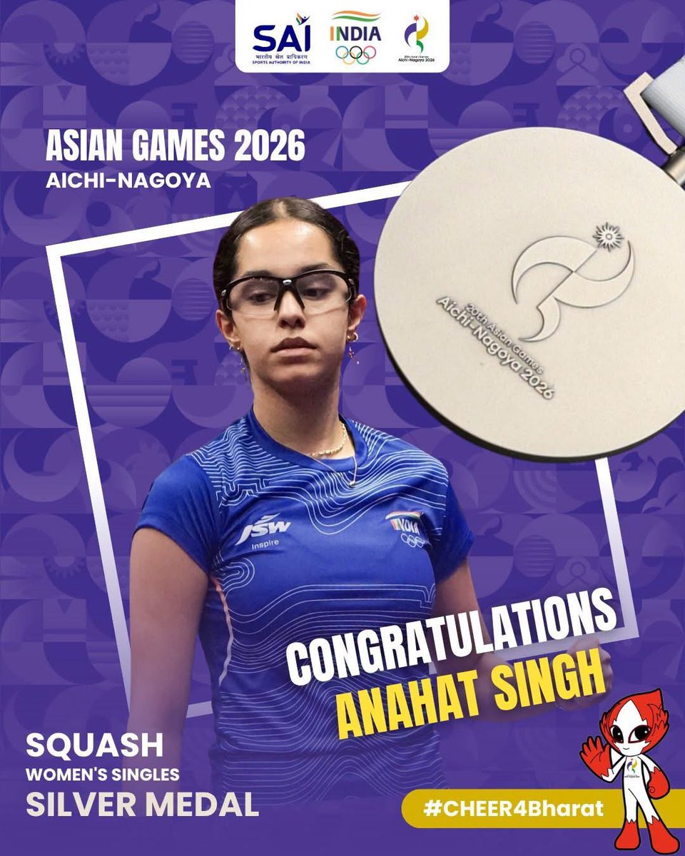 ShetSadanand's tweet photo. Congratulations to Anahat Singh on winning the Silver Medal in Women’s Singles Squash at #AsianGames2026. A proud achievement for India. Best wishes for her future endeavours! https://t.co/0PFhHmnrik
