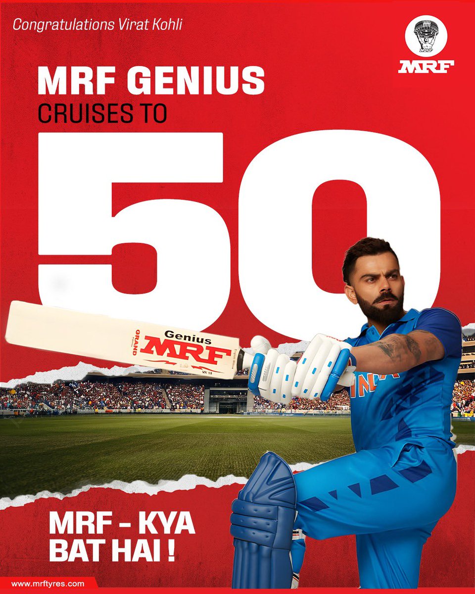 MRFWorldwide's tweet photo. Fifty up, with class in every run!

Congratulations to Virat Kohli on another composed half-century, built with control and consistency.

MRF – Kya Bat Hai!

#MRF #MRFGenius #ViratKohli #Cricket #TeamIndia #KyaBatHai https://t.co/pccKESG7mV