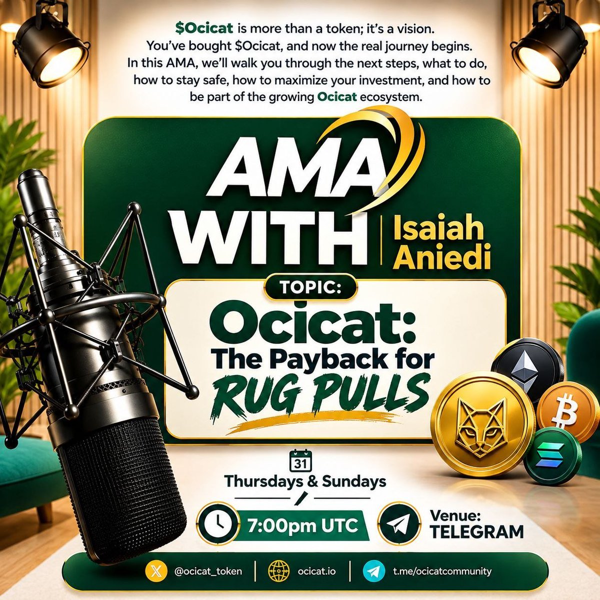 ocicattoken's tweet photo. Rug pulls have left too many investors with broken trust and unanswered questions.

But what if there’s a different story to tell? 🐱

Join us for today’s OCICAT Family Hangout as we explore:

🎙️ OCICAT: The Payback for Rug Pulls

We’ll discuss the vision, technology, community, and how OCICAT aims to stand apart in the crypto space.

📅 Today, Sunday
⏰ 7PM UTC
📍 Telegram

Come with your questions, share your experiences, and let’s have a meaningful conversation.

See you there, Dreamers! 🐾

$OCICAT
